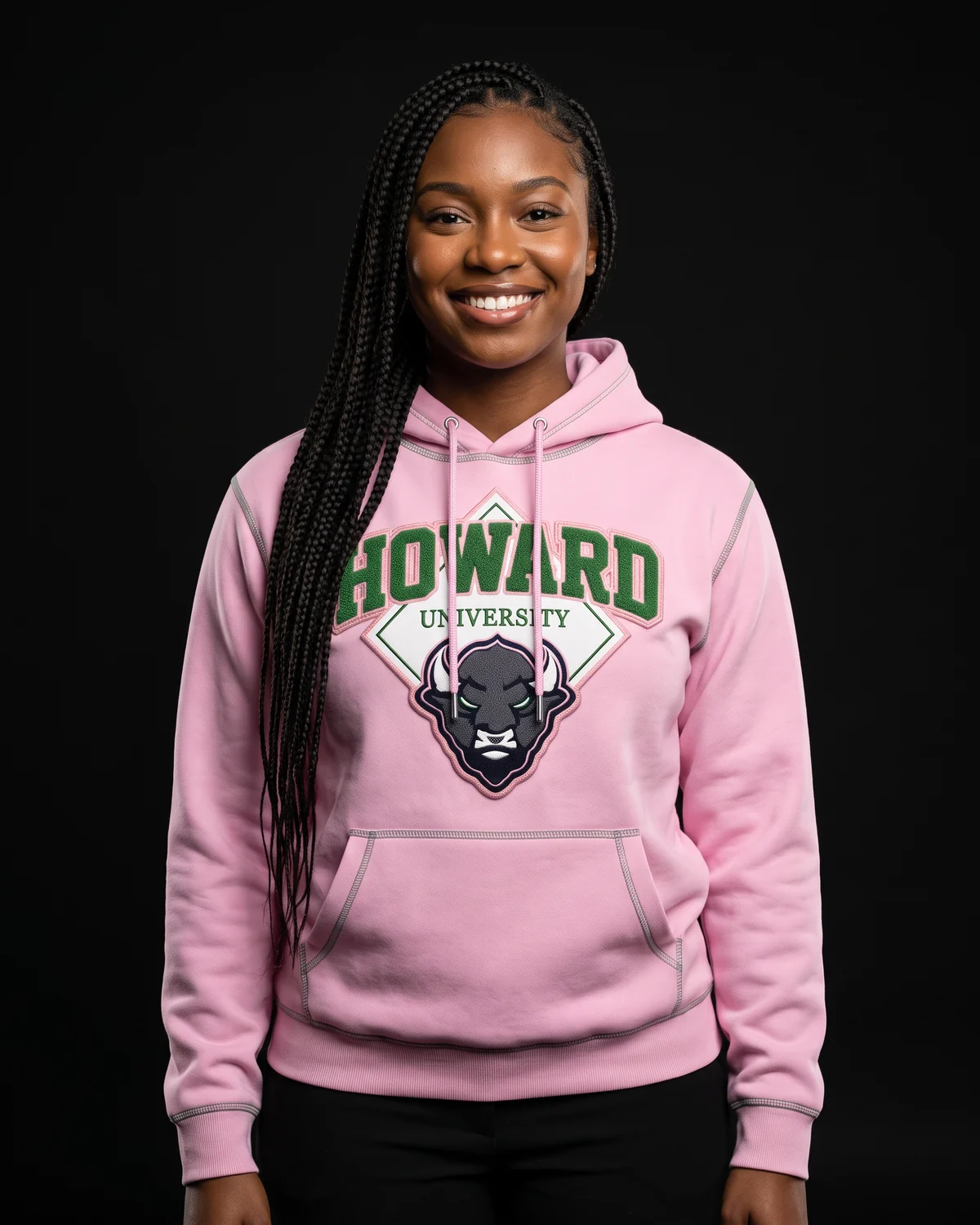 Model in a pink university hoodie