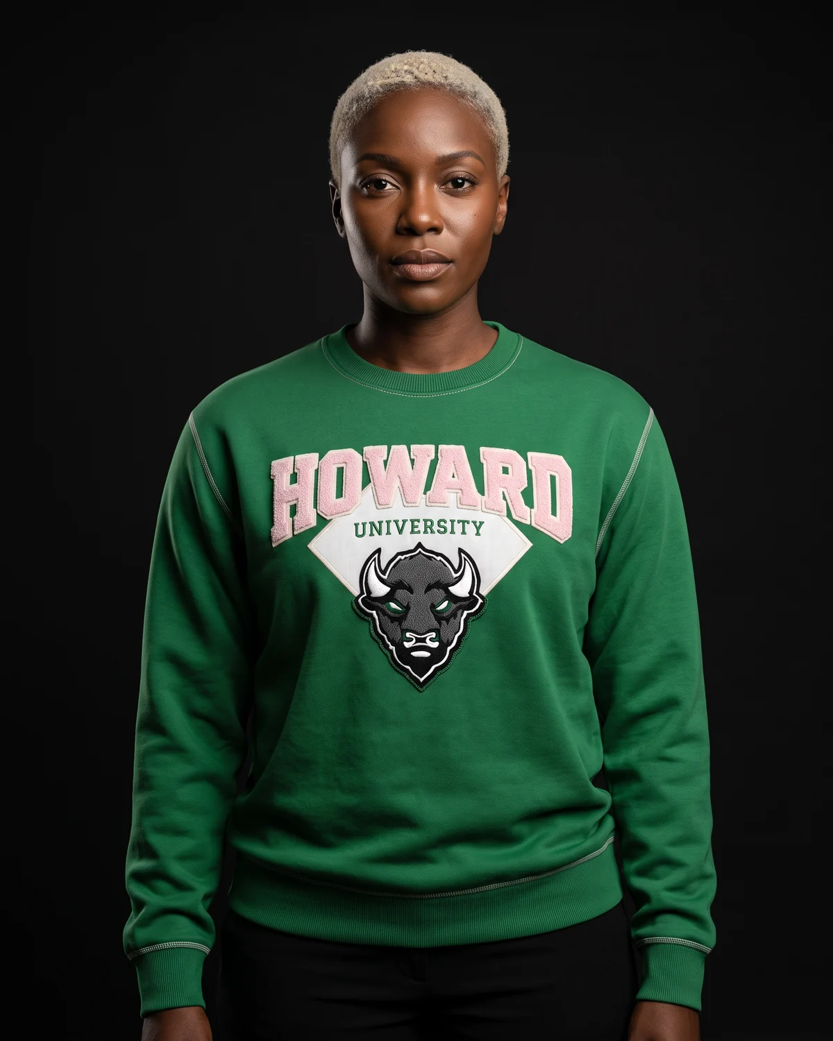 Model in a green university crew neck