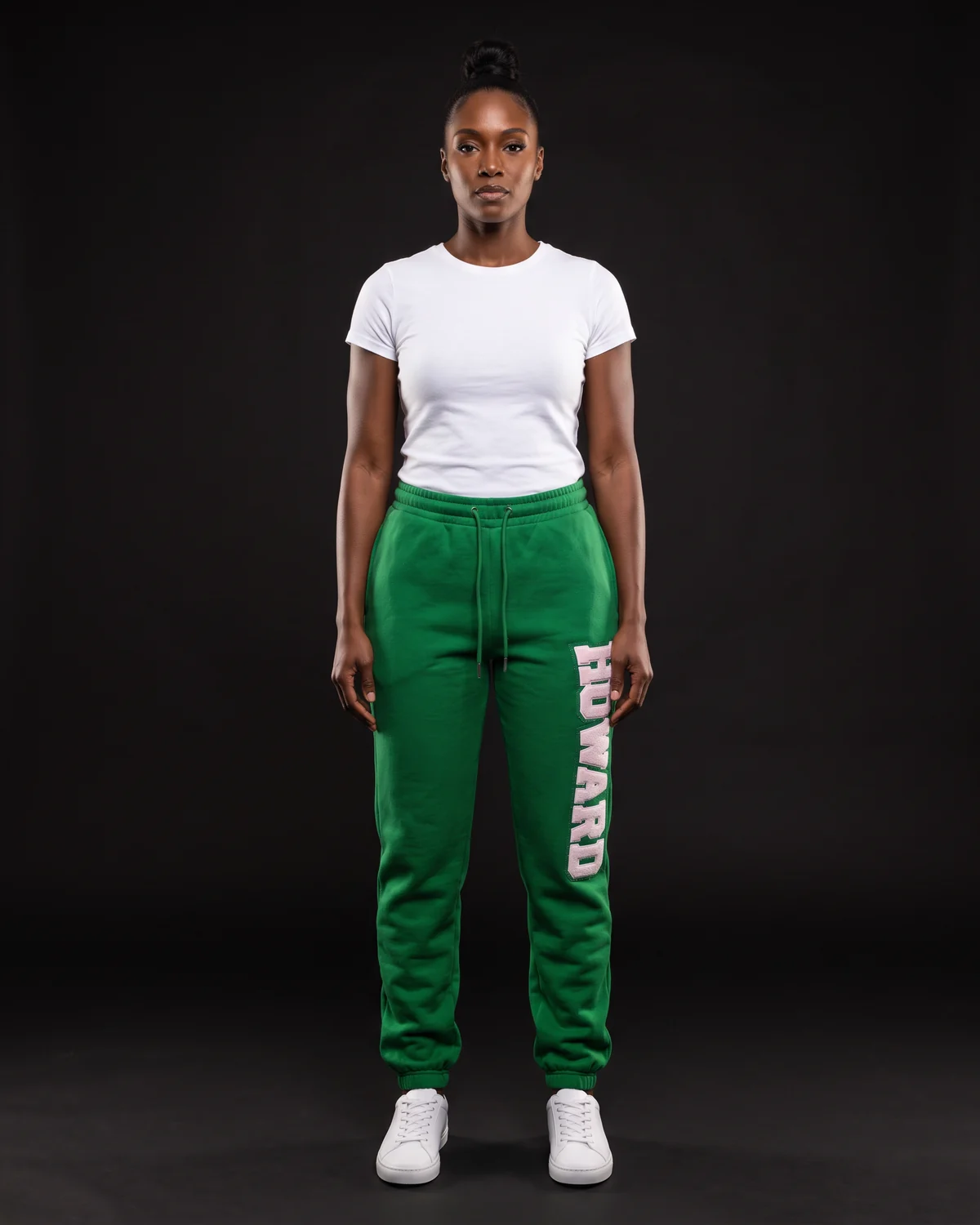 Model in green university sweatpants